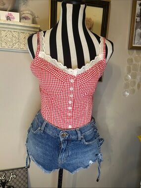 Red Gingham Lace-Trim Button-Front Cami